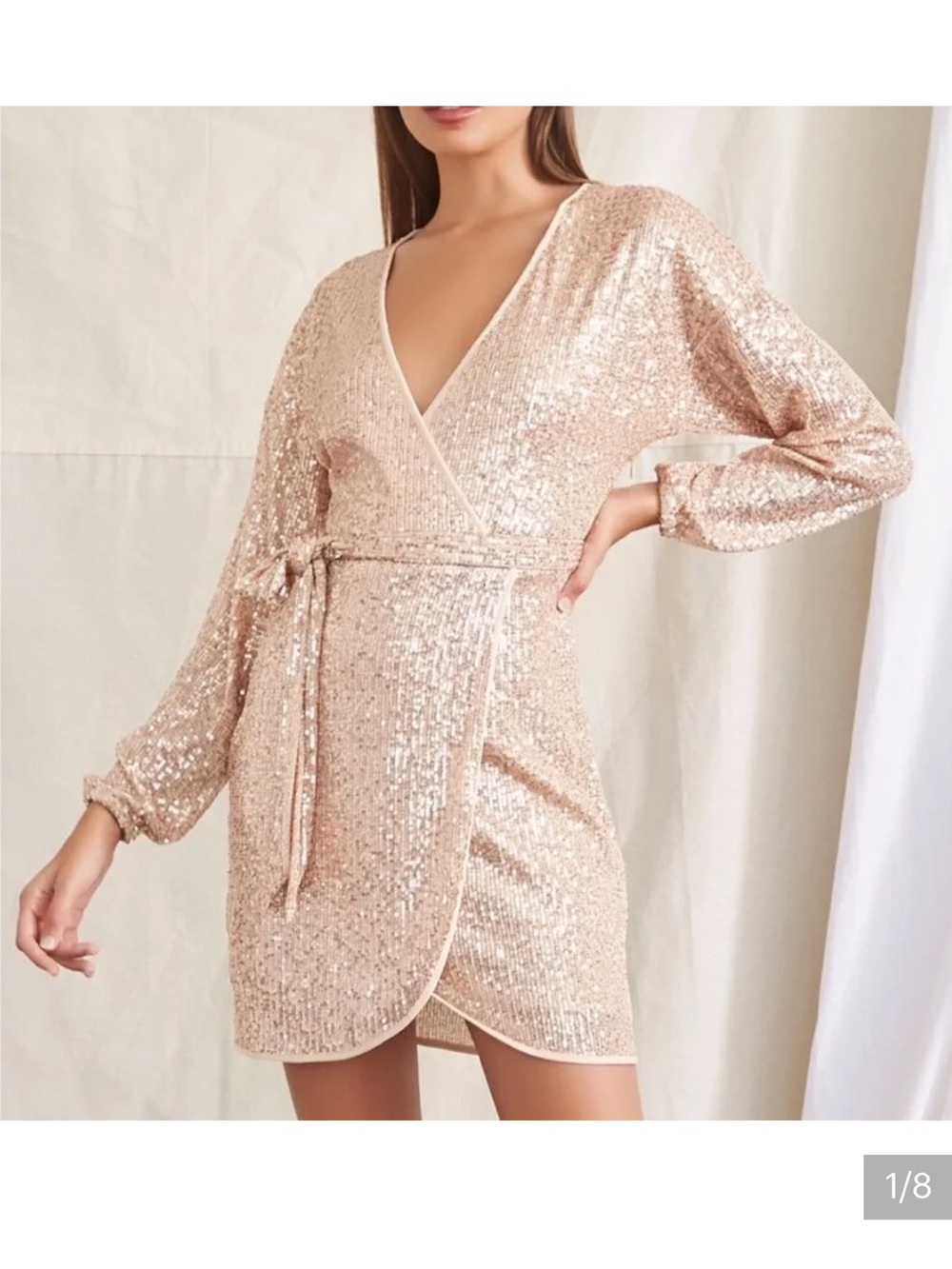 Forever 21 | Women’s Rose Gold Sequin Long Sleeve Belted Lined Wrap Dress Size M